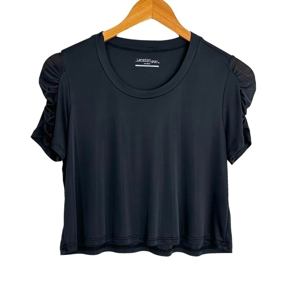Lanston Sport Womens Crop Ruched Short Sleeve Top Sz Small Black Activewear USA